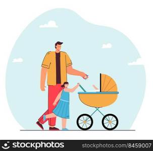 Father walking with his children. Flat vector illustration. Cartoon man with daughter and carriage with little baby inside spending time outdoors. Family, fatherhood, nature concept for banner design