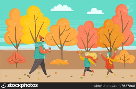 Father walking with son and daughter near trees. Happy family in casual clothes going in autumn park. Boy and girl playing with foliage outdoor. Parent and children going by road with leaves vector. Man and Children Walking in Autumn Park Vector