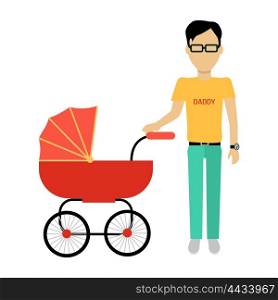Father with a baby carriage banner design flat. Parent father walking with baby in the baby carriage. Daddy young happy with toddler, male and fatherhood, love and happiness, vector illustration