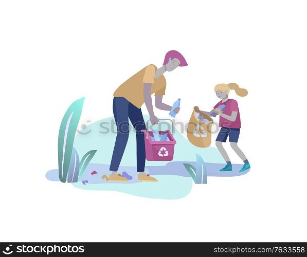 Father with child collect garbage, man and girl Recycle Sort organic Garbage in different container for Separation to Reduce Environment Pollution. Environmental day vector cartoon illustration. people and children Recycle Sort organic Garbage in different container for Separation to Reduce Environment Pollution. Family with kids collect garbage. Environmental day vector cartoon