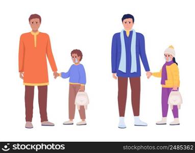 Father with child waiting for evacuation semi flat color vector characters set. Full body people on white. Simple cartoon style illustration collection for web graphic design and animation. Father with child waiting for evacuation semi flat color vector characters set
