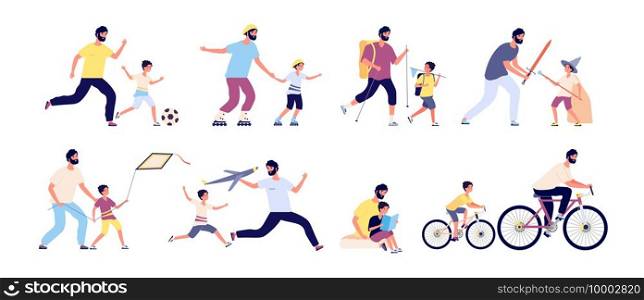 Father with children. Happy fatherhood, daddy and kids spending time together playing football, hiking and sunbathing, fishing vector set. Illustration father and sin ride bike and play. Father with children. Happy fatherhood, daddy and kids spending time together playing football, hiking and sunbathing, fishing vector set