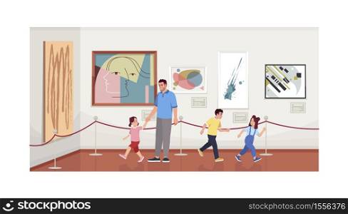 Father with children in modern art gallery semi flat vector illustration. Contemporary paintings collection. Kids watching and playing in art museum 2D cartoon characters for commercial use. Father with children in modern art gallery semi flat vector illustration