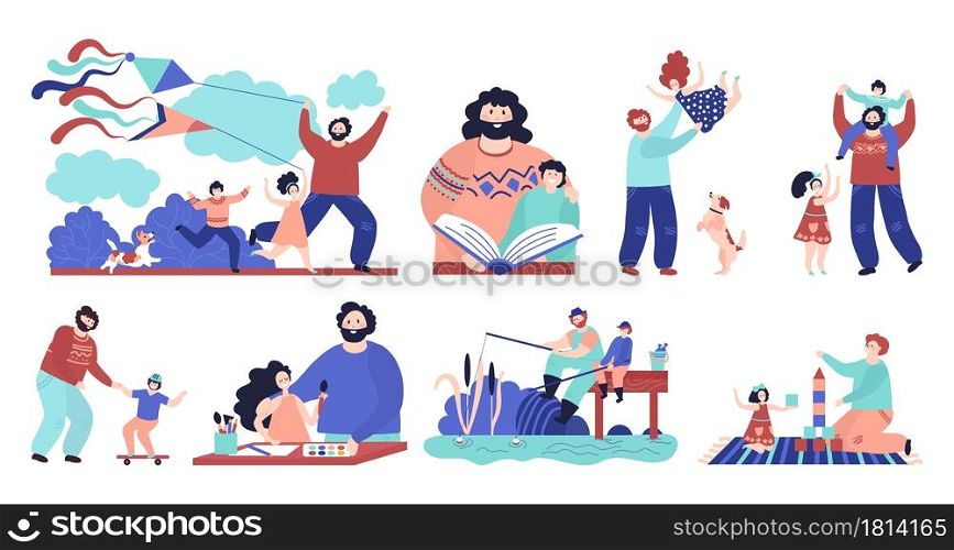Father with children. Man play child, dad and son fishing reading hugging and sporting. Happy fatherhood, outdoor kid recreation vector set. Illustration fatherhood, family together past time. Father with children. Man play child, dad and son fishing reading hugging and sporting. Happy fatherhood, outdoor kid recreation vector set