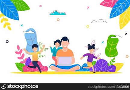 Father with Children Watching Movie Laptop in Park. Smiling Man Sitting in Lotus Position with Laptop in Hand. Freelancer Job. Brother and Sister are Running around Working Dad. Summer Days Outdoors