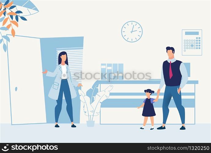 Father with Daughter Came to Pediatrician Cartoon. Friendly Doctor Greeting Parent with Child. Consultation, Medical Checkup, Physical Examination before Vaccination. Vector Flat Illustration. Father with Daughter Came to Pediatrician Cartoon