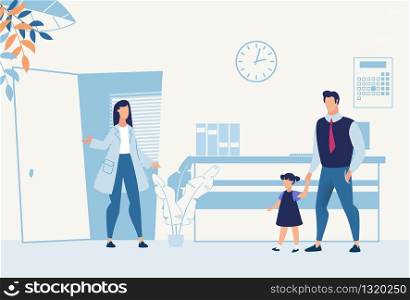 Father with Daughter Came to Pediatrician Cartoon. Friendly Doctor Greeting Parent with Child. Consultation, Medical Checkup, Physical Examination before Vaccination. Vector Flat Illustration. Father with Daughter Came to Pediatrician Cartoon