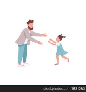 Father with daughter flat color vector faceless characters. Little girl run to hug daddy. Parenthood, fatherhood. Happy family isolated cartoon illustration for web graphic design and animation. Father with daughter flat color vector faceless characters