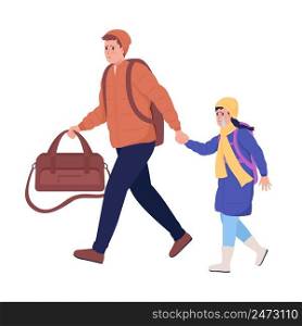 Father with daughter running away from war semi flat color vector characters. Distressed figures. Full body people on white. Simple cartoon style illustration for web graphic design and animation. Father with daughter running away from war semi flat color vector characters