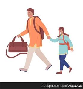 Father with girl running away from bombing semi flat color vector characters. Distressed figures. Full body people on white. Simple cartoon style illustration for web graphic design and animation. Father with girl running away from bombing semi flat color vector characters