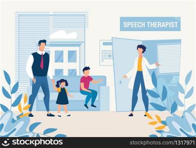 Father with Kids at Speech Therapist Consultation. Cartoon Doctor Welcome Parent with Son, Daughter. Special Pedagogical Science. Prevention, Detection, Elimination Disorders. Vector Flat Illustration. Father with Kids at Speech Therapist Consultation