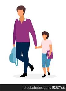 Father with schoolboy flat illustration. Older and younger brothers going to school holding hands cartoon characters. Teenage and preteen schoolchildren with textbook and backpack. Parent and son