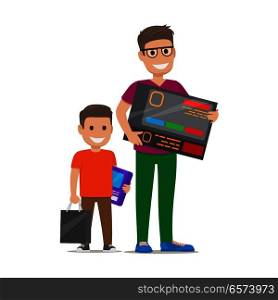 Father with son buying electronics. Pleased man and boy standing with bought goods and paper bags flat vector isolated on white background. Happy customers illustration for shopping and sale concepts. Father with Son Buying Electronics Flat Vector