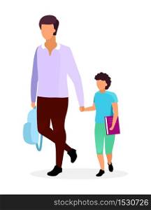 Father with son flat vector illustration. Older and younger brothers walking and holding hands cartoon characters. Teenage and preteen schoolchildren with textbook and backpack. Parent and schoolboy
