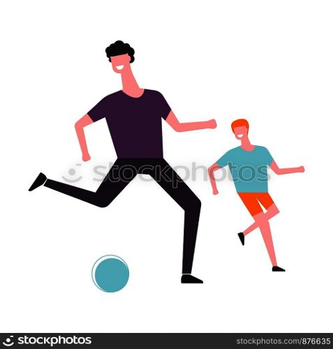 Father with son play football or soccer ball. Vector cartoon faceless man parent and boy child having fun and family leisure time together. Vector father and son play football or soccer ball