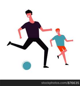 Father with son play football or soccer ball. Vector cartoon faceless man parent and boy child having fun and family leisure time together. Vector father and son play football or soccer ball