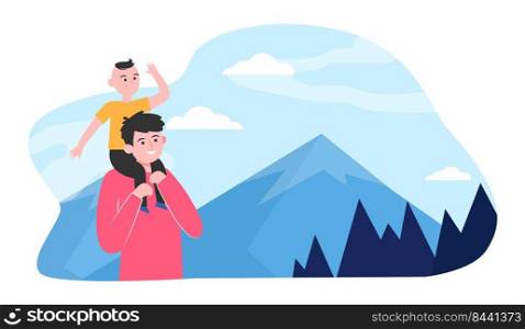 Father with son walking in mountains. Forest, route, parent flat vector illustration. Nature and fatherhood concept for banner, website design or landing web page
