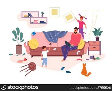 Father working home. Work family inside, busy calm man indoor messy room with funny child, vector illustration. Father remote work at home. Father working home. Work family inside, busy calm man indoor messy room with funny child, vector illustration