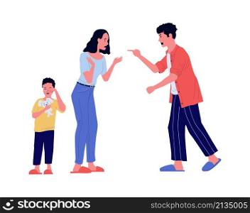 Father yelling at mother who protects child. Family quarrel. Moms protection of crying son. Unhappy woman. Shouting man. Relationship problem. Stressed communication. Vector arguing wife and husband. Father yelling at mother who protects child. Family quarrel. Protection of crying son. Unhappy woman. Shouting man. Relationship problem. Stressed communication. Vector arguing parents