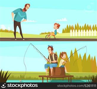 Fatherhood 2 Retro Cartoon Banners . Fatherhood 2 retro cartoon outdoor activities banners with fishing together and little boy cycling isolated vector illustration