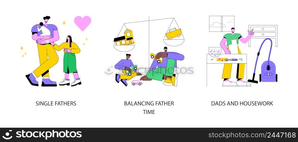 Fatherhood abstract concept vector illustration set. Single fathers, balancing father time, dads and housework, feeding baby, happy kid and family, chores at home, time together abstract metaphor.. Fatherhood abstract concept vector illustrations.