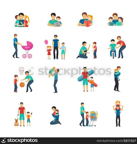 Fatherhood flat icons set with father playing with children isolated vector illustration. Fatherhood Flat Icons