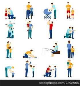 Fatherhood flat icons set with father playing with children isolated vector illustration.. Fatherhood icons set