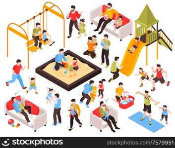 Fatherhood isometric set of fathers engaged in activities or care with their kids isolated vector illustration