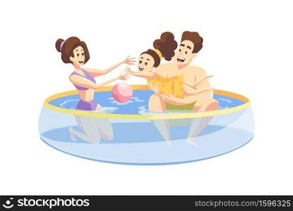 Fatherhood, motherhood, family, fun concept. Cartoon characters young man father woman mother with child kid daughter play with rubber ball in inflatable pool together. Leisure time of happy household. Fatherhood, motherhood, family, fun concept