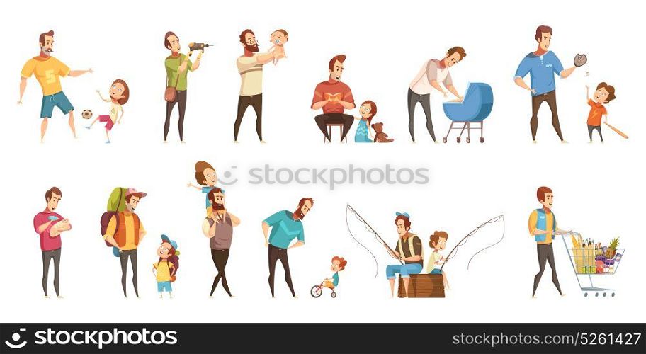 Fatherhood Retro Cartoon Icons Set. Fatherhood child-rearing shopping playing walking fishing with kids retro cartoon icons 2 banners set isolated vector illustration