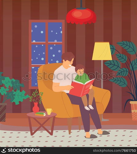 Fathers care and love at home vector, dad reads bedtime stories to kid, son spends time with daddy listening to book, parent storytelling for child, concept for Father day. Fathers Care at Home, Bedtime Story for Baby Kid