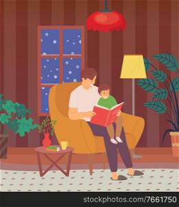 Fathers care and love at home vector, dad reads bedtime stories to kid, son spends time with daddy listening to book, parent storytelling for child, concept for Father day. Fathers Care at Home, Bedtime Story for Baby Kid