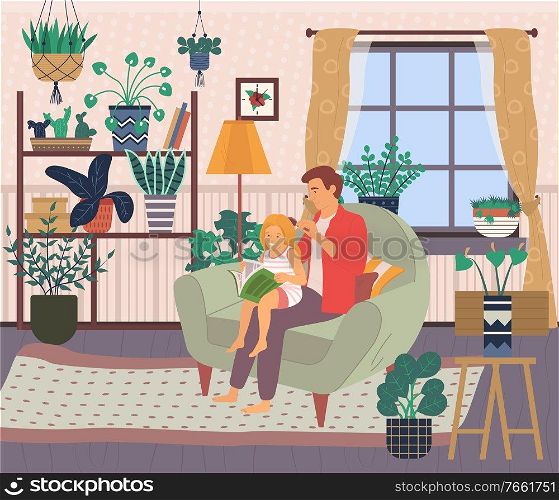 Fathers care vector, little girl learn to read book sitting on her dads lap, caring daddy combing daughter&rsquo;s hair at home among green plants in pots, concept for Father day. Fathers Care, Education for Small Child at Home