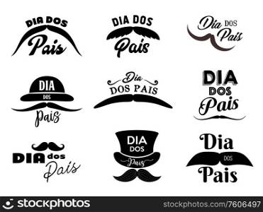 Fathers day, Dia dos pais monochrome isolated vector icons set. Hipster mustache of different shapes bowl and cylinder hats. Vintage symbols for Fathers day, Dia dos Pais retro labels. Fathers day, Dia dos pais icons