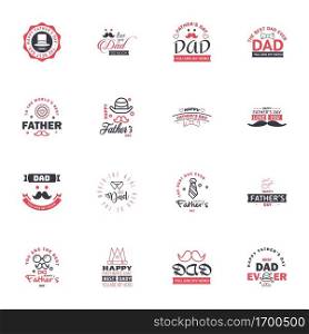Fathers Day Lettering 16 Black and Pink Calligraphic Emblems. Badges Set. Isolated on Dark Blue. Happy Fathers Day. Best Dad. Love You Dad Inscription. Vector Design Elements For Greeting Card and Other Print Templates Editable Vector Design Elements