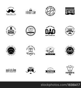 Fathers Day Lettering 16 Black Calligraphic Emblems. Badges Set. Isolated on Dark Blue. Happy Fathers Day. Best Dad. Love You Dad Inscription. Vector Design Elements For Greeting Card and Other Print Templates  Editable Vector Design Elements