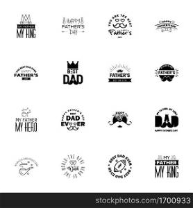 Fathers Day Lettering 16 Black Calligraphic Emblems. Badges Set. Isolated on Dark Blue. Happy Fathers Day. Best Dad. Love You Dad Inscription. Vector Design Elements For Greeting Card and Other Print Templates  Editable Vector Design Elements