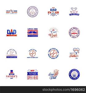 Fathers Day Lettering 16 Blue and red Calligraphic Emblems. Badges Set. Isolated on Dark Blue. Happy Fathers Day. Best Dad. Love You Dad Inscription. Vector Design Elements For Greeting Card and Other Print Templates Editable Vector Design Elements