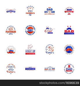 Fathers Day Lettering 16 Blue and red Calligraphic Emblems. Badges Set. Isolated on Dark Blue. Happy Fathers Day. Best Dad. Love You Dad Inscription. Vector Design Elements For Greeting Card and Other Print Templates Editable Vector Design Elements
