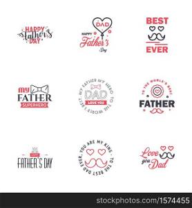 Fathers Day Lettering 9 Black and Pink Calligraphic Emblems. Badges Set. Isolated on Dark Blue. Happy Fathers Day. Best Dad. Love You Dad Inscription. Vector Design Elements For Greeting Card and Other Print Templates Editable Vector Design Elements