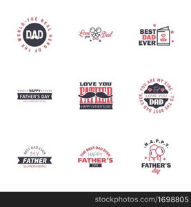 Fathers Day Lettering 9 Black and Pink Calligraphic Emblems. Badges Set. Isolated on Dark Blue. Happy Fathers Day. Best Dad. Love You Dad Inscription. Vector Design Elements For Greeting Card and Other Print Templates Editable Vector Design Elements