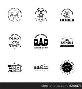 Fathers Day Lettering 9 Black Calligraphic Emblems. Badges Set. Isolated on Dark Blue. Happy Fathers Day. Best Dad. Love You Dad Inscription. Vector Design Elements For Greeting Card and Other Print Templates  Editable Vector Design Elements