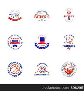 Fathers Day Lettering 9 Blue and red Calligraphic Emblems. Badges Set. Isolated on Dark Blue. Happy Fathers Day. Best Dad. Love You Dad Inscription. Vector Design Elements For Greeting Card and Other Print Templates Editable Vector Design Elements