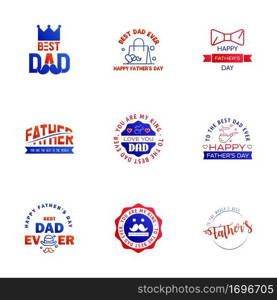 Fathers Day Lettering 9 Blue and red Calligraphic Emblems. Badges Set. Isolated on Dark Blue. Happy Fathers Day. Best Dad. Love You Dad Inscription. Vector Design Elements For Greeting Card and Other Print Templates Editable Vector Design Elements