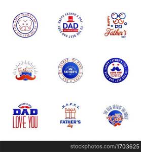 Fathers Day Lettering 9 Blue and red Calligraphic Emblems. Badges Set. Isolated on Dark Blue. Happy Fathers Day. Best Dad. Love You Dad Inscription. Vector Design Elements For Greeting Card and Other Print Templates Editable Vector Design Elements