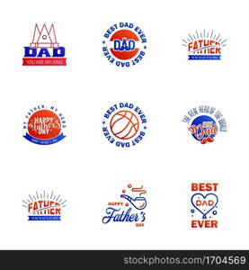 Fathers Day Lettering 9 Blue and red Calligraphic Emblems. Badges Set. Isolated on Dark Blue. Happy Fathers Day. Best Dad. Love You Dad Inscription. Vector Design Elements For Greeting Card and Other Print Templates Editable Vector Design Elements