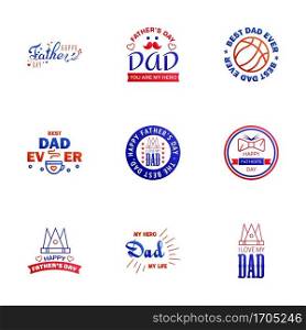 Fathers Day Lettering 9 Blue and red Calligraphic Emblems. Badges Set. Isolated on Dark Blue. Happy Fathers Day. Best Dad. Love You Dad Inscription. Vector Design Elements For Greeting Card and Other Print Templates Editable Vector Design Elements