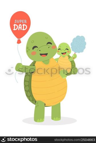 Fathers Day postcard, best dad, daddy and sun turtle, cartoon vector illustration