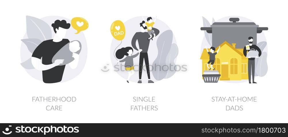 Fathers role abstract concept vector illustration set. Fatherhood care, single fathers, stay-at-home dads, happy kid, parental leave, spend time with child, man feeding baby abstract metaphor.. Fathers role abstract concept vector illustrations.