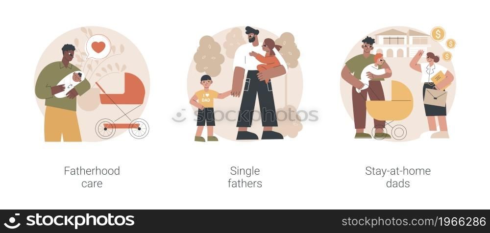 Fathers role abstract concept vector illustration set. Fatherhood care, single fathers, stay-at-home dads, happy kid, parental leave, spend time with child, man feeding baby abstract metaphor.. Fathers role abstract concept vector illustrations.
